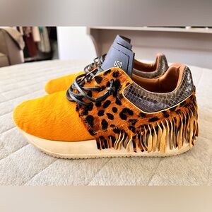 Esseutesse 37 Suede Fringe Sneaker Marigold &Cheetah Calf hair Leather Orig $395